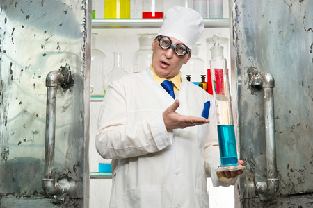 Chemist with a bottle in the labの写真素材