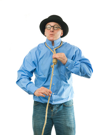 Unhappy man with a rope around his neckの写真素材