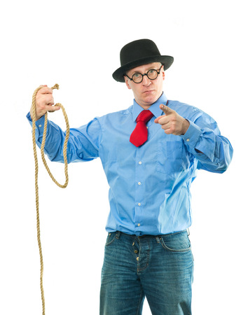Unhappy man with a rope in his handの写真素材