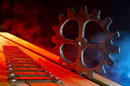 Pinion and wrenches on the bright backgroundの写真素材