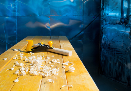 Shaving plane is on the tableの写真素材