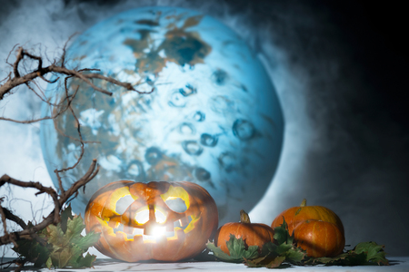 Halloween pumpkins on the background of the moonの写真素材