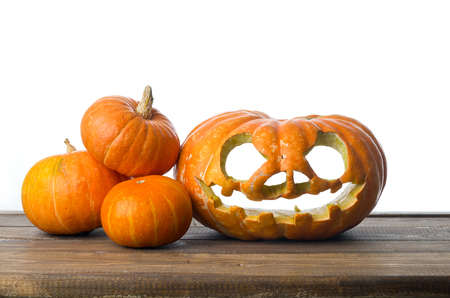 Halloween pumpkin on the wood tableの写真素材