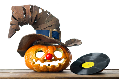 Halloween pumpkin on the wood tableの写真素材