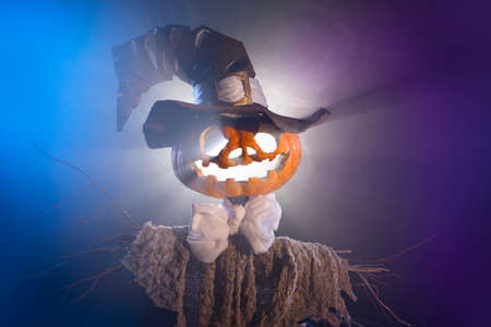 Scarecrow with head of pumpkinの写真素材