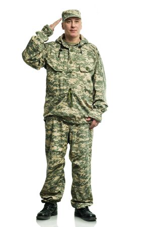 Soldier in camouflage on the white backgroundの写真素材