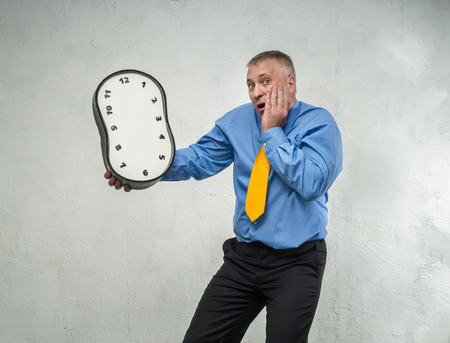 Clock without hands in the hands of manの写真素材