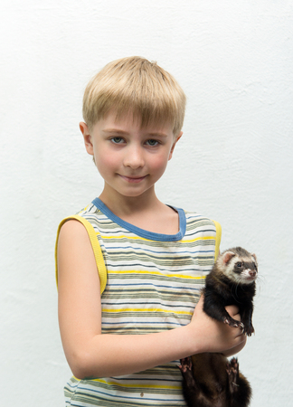 Little boy and cute polecatの写真素材