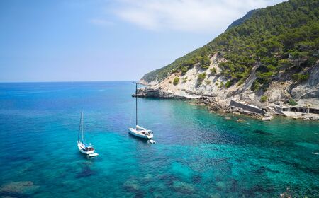 Seascape of the with yachts island of Majorcaの写真素材