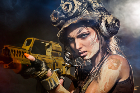 Portrait of a beautiful woman warrior with armsの写真素材