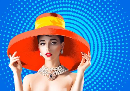 Portrait of a surprised girl with a hat and sunglasses in a pop art styleの写真素材