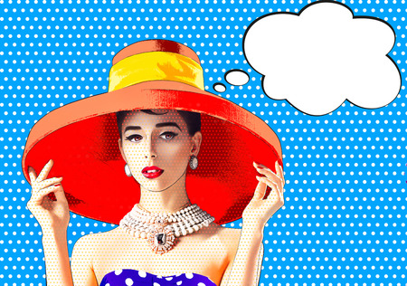 Portrait of a surprised girl with a hat and sunglasses in a pop art styleの写真素材
