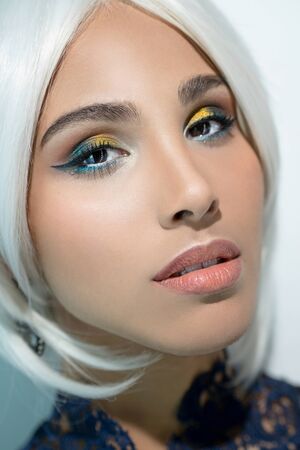 Beautiful face of a girl with a bright makeup and white hair の写真素材