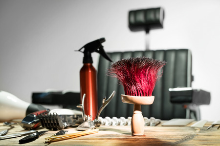 Tools for barber on wooden table closeupの写真素材