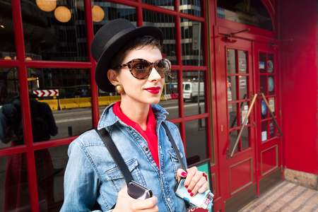 Tourism in Europe, woman tourist on the street of Barcelonaの写真素材