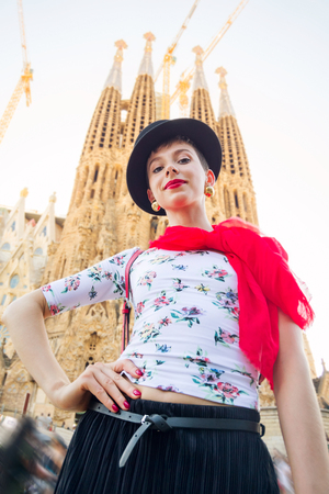Tourism in Europe, woman tourist on the street of Barcelonaの写真素材