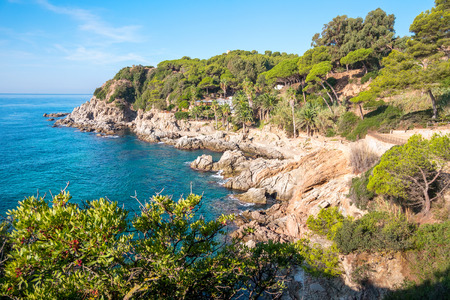 Beautiful view of sea from rocky shoreの写真素材