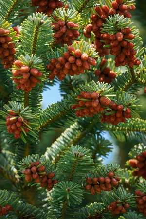 Nordmann Fir - Abies nordmanniana - with orange red staminate cone on branches.の写真素材