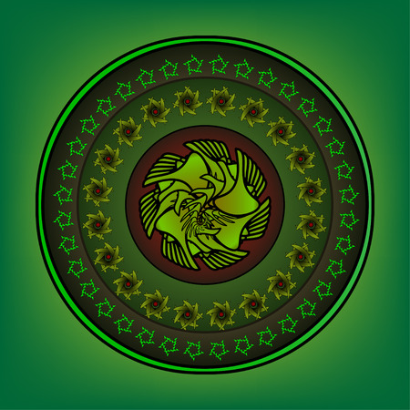 Round ornament with elaborate patterns on a green backgroundのイラスト素材