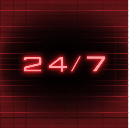 Open 24 7 Hours Neon Light on Brick Wall. 24 Hours Night Club Bar Neon Sign. Vector