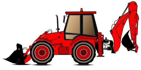 Red backhoe loader on a white background. Construction machinery. Special equipment. Vector illustrationのイラスト素材