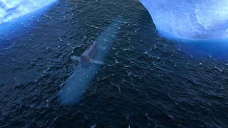 Computer generated submarine travelling on the surface of the Arctic ocean