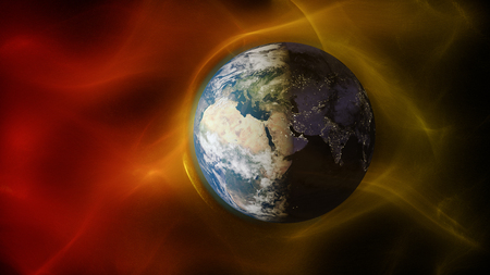 3d illustration of solar wind colliding with earth's magnetic fieldの写真素材