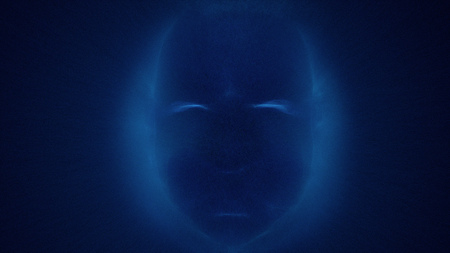 Artificial intelligence head built from millions of charged particles, 3d illustrationの写真素材