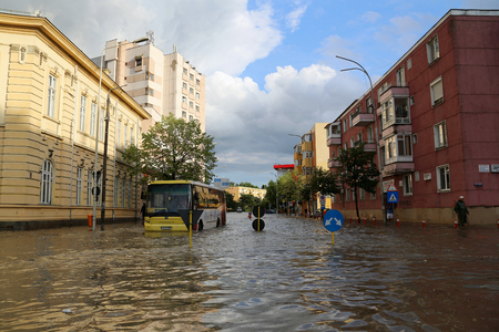 TULCEA, ROMANIA - JULY 15: European city flooded during a heavy rain on July 15, 2017 in Tulcea, Romaniaのeditorial素材
