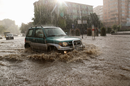 TULCEA, ROMANIA - JULY 15: European city flooded during a heavy rain on July 15, 2017 in Tulcea, Romaniaのeditorial素材