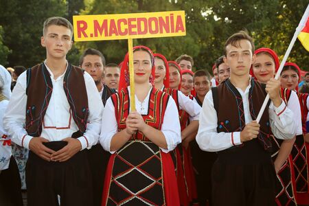 TULCEA, ROMANIA - AUGUST 08: Macedonian group of dancers in traditional costumes at the International Folklore Festival for Children and Youth - Golden Fish on August 08, 2017 in Tulcea, Romaniaのeditorial素材