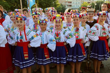 TULCEA, ROMANIA - AUGUST 08: Ukrainian group of dancers in traditional costumes at the International Folklore Festival for Children and Youth - Golden Fish on August 08, 2017 in Tulcea, Romaniaのeditorial素材
