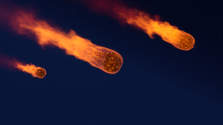 3D illustration of a meteor shower - burning up in the earth's atmosphere with a starry sky in the backgroundの写真素材