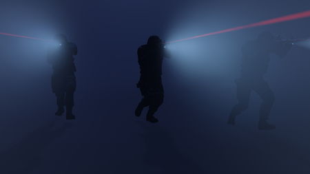 3d illustration of a swat team in action with the flashlights and laser sights onの写真素材