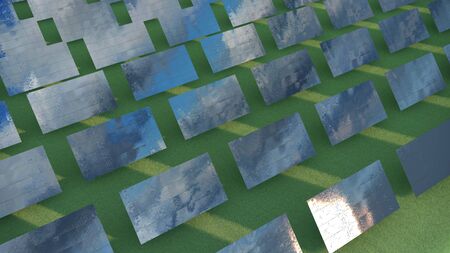 3d illustration of solar panels on green field