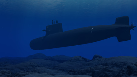 3D Illustration of a submarine patrolling close to the ocean floorの写真素材