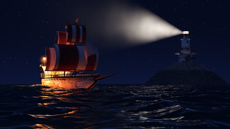3D Illustration of an old wooden warship sailing by night close to lighthouseの写真素材