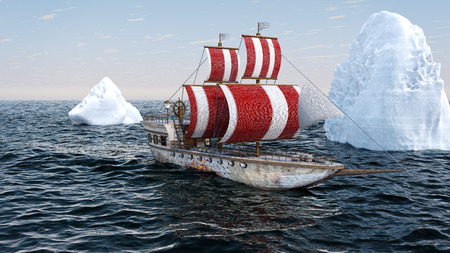 3D Illustration of an old wooden warship travelling in the Arctic oceanの写真素材