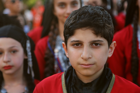 TULCEA, ROMANIA - AUGUST 08: Georgian dancer in traditional costume at the International Folklore Festival for Children and Youth - Golden Fish on August 08, 2018 in Tulcea, Romania.のeditorial素材