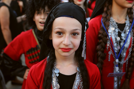 TULCEA, ROMANIA - AUGUST 08: Georgian dancer in traditional costume at the International Folklore Festival for Children and Youth - Golden Fish on August 08, 2018 in Tulcea, Romania.のeditorial素材