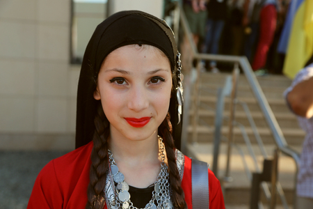 TULCEA, ROMANIA - AUGUST 08: Georgian dancer in traditional costume at the International Folklore Festival for Children and Youth - Golden Fish on August 08, 2018 in Tulcea, Romania.のeditorial素材