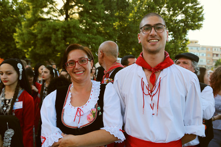 TULCEA, ROMANIA - AUGUST 08: Italian group of dancers in traditional costumes at the International Folklore Festival for Children and Youth - Golden Fish on August 08, 2018 in Tulcea, Romania.のeditorial素材