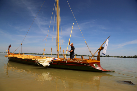 ISACCEA, ROMANIA - AUGUST 12: Liburna, Roman warship on the Danube river inside the project "Relive History" third edition on August 12, 2018 in ISACCEA, Romania.のeditorial素材