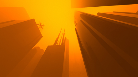Illustration of a sci-fi city covered in a foggy atmosphereの写真素材