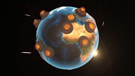 3d Illustration of a nuclear war seen on a screen in the command centerの写真素材