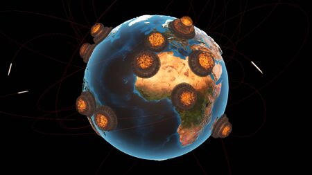 3d Illustration of a nuclear war seen on a screen in the command centerの写真素材