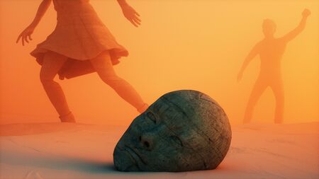 3d Illustration of a fantasy landscape with stone statues buried in the sand