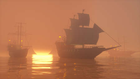 3D Illustration of old wooden warships fleet on a foggy ocean at sunsetの写真素材