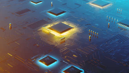 3d rendering of a futuristic circuit board with surface mount components, including capacitors,...