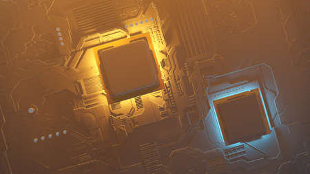 3d rendering of a futuristic circuit board with surface mount components, including capacitors, a...